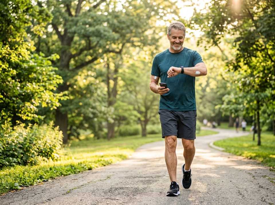 Active mature adult enjoying healthy outdoor walk with CGM sensor